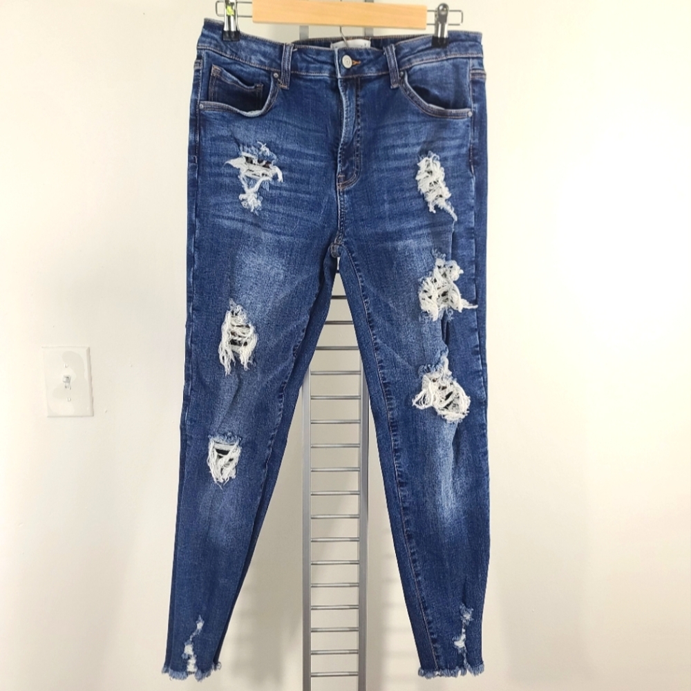 Distressed Skinny Jeans with Leopard Print Inlay